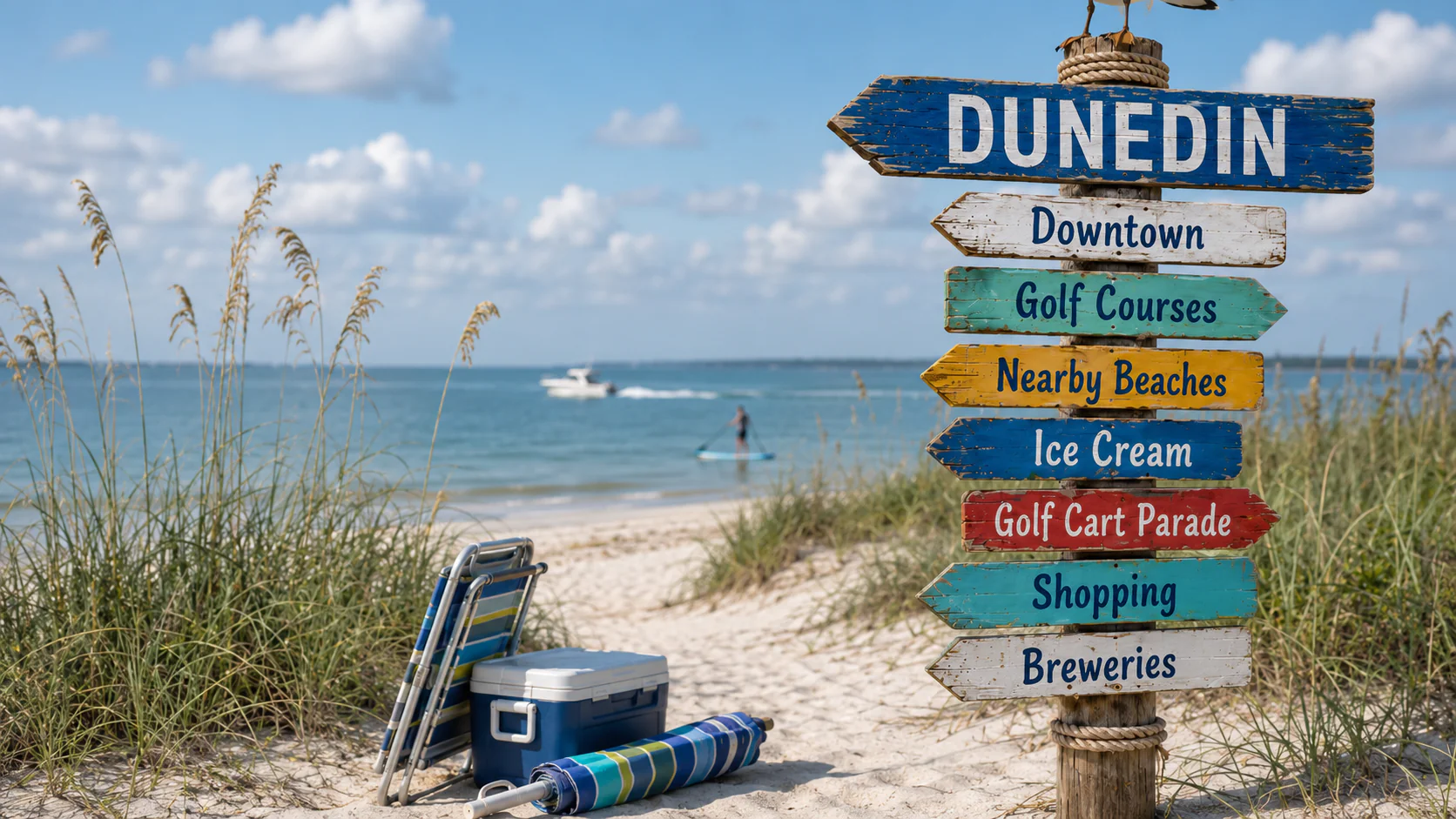 Colorful Dunedin area signpost with walkable downtown and Gulf Coast Florida scenery, highlighting Dunedin, Main Street, Honeymoon Island, Pinellas Trail, Downtown Dunedin, Palm Harbor, and Clearwater.