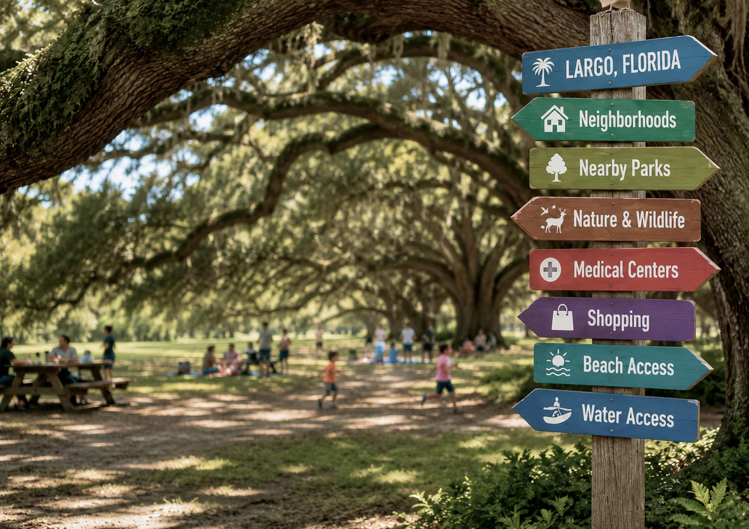 Colorful Largo area signpost with central Pinellas neighborhood scenery, highlighting Largo, Seminole, Clearwater, Belleair, Indian Rocks Beach, Pinellas Trail, and nearby beach-access areas.