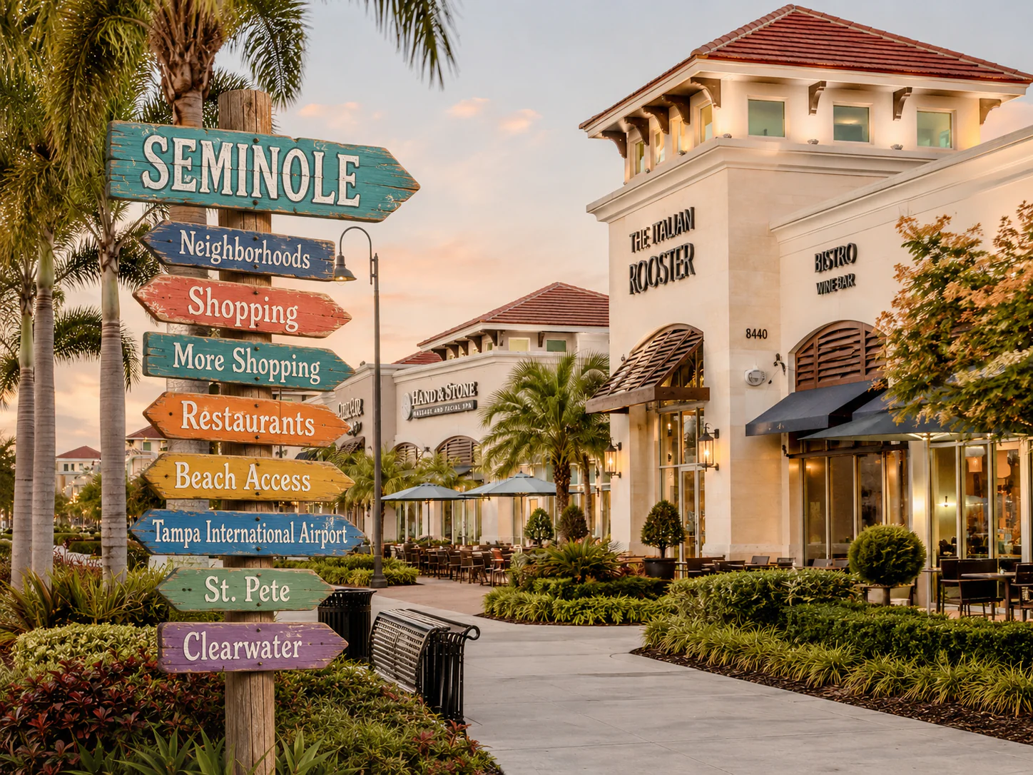 Colorful Seminole area signpost with west-central Pinellas neighborhood scenery, highlighting Seminole, Madeira Beach, Redington Beach, Indian Shores, Largo, Bay Pines, and nearby beach-access areas.
